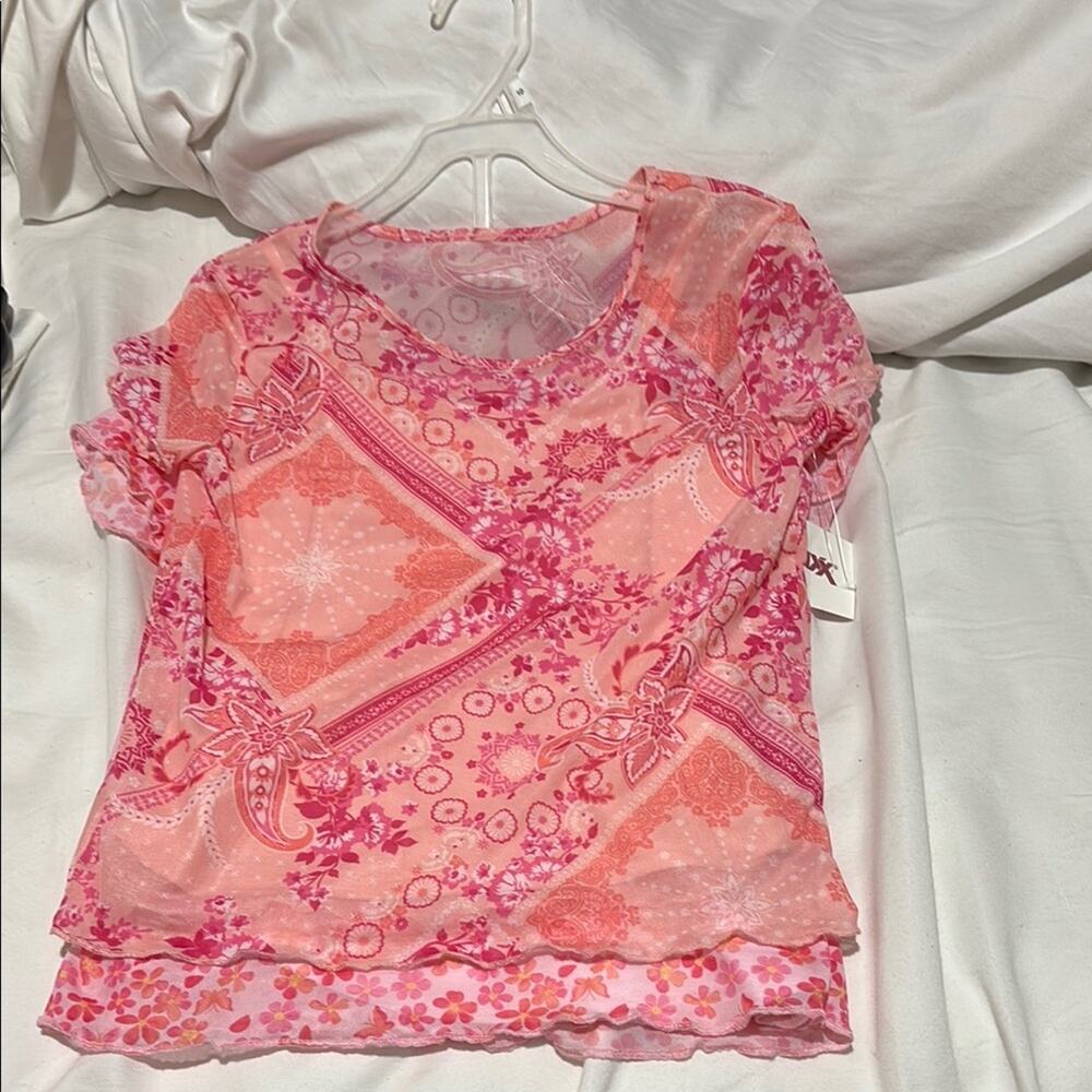 btween 10 Pink and Orange Fitted Graphic Blouse tank under with sheer over nwt